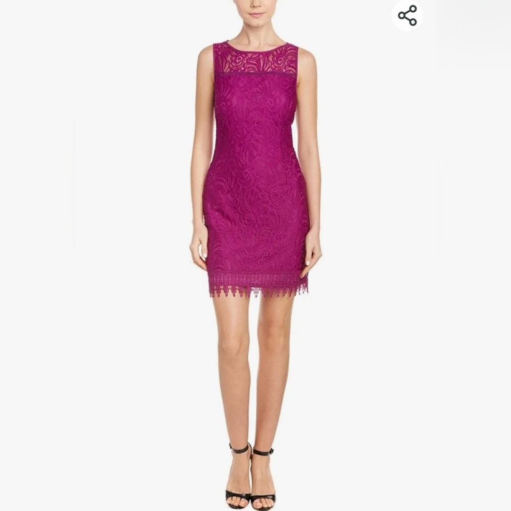 Laundry Shelli Segal Magenta Lace Overlay Midi Cocktail Sheath Dress 4